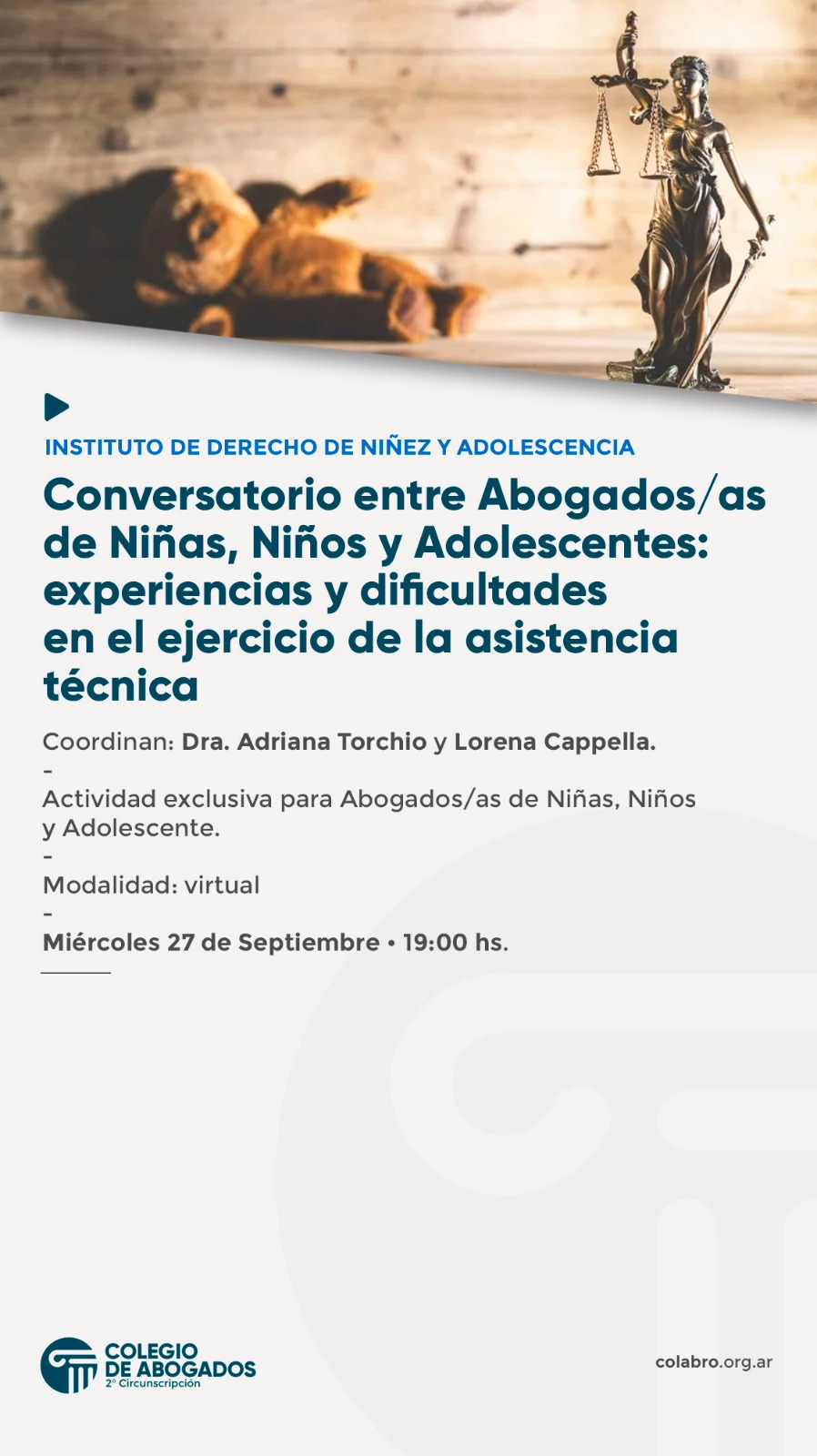 Conversatorio entre Abogados/as de Niñas, Niños y Adolescentes: experiencias y dificultades en el ejercicio de la asistencia técnica - 27/09/2023